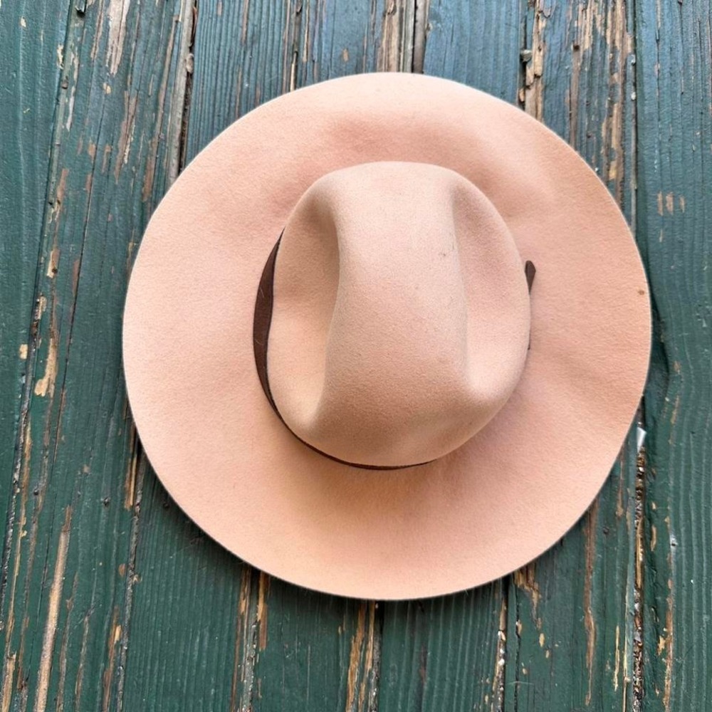Beige wool fedora hat with brown‎ trim small